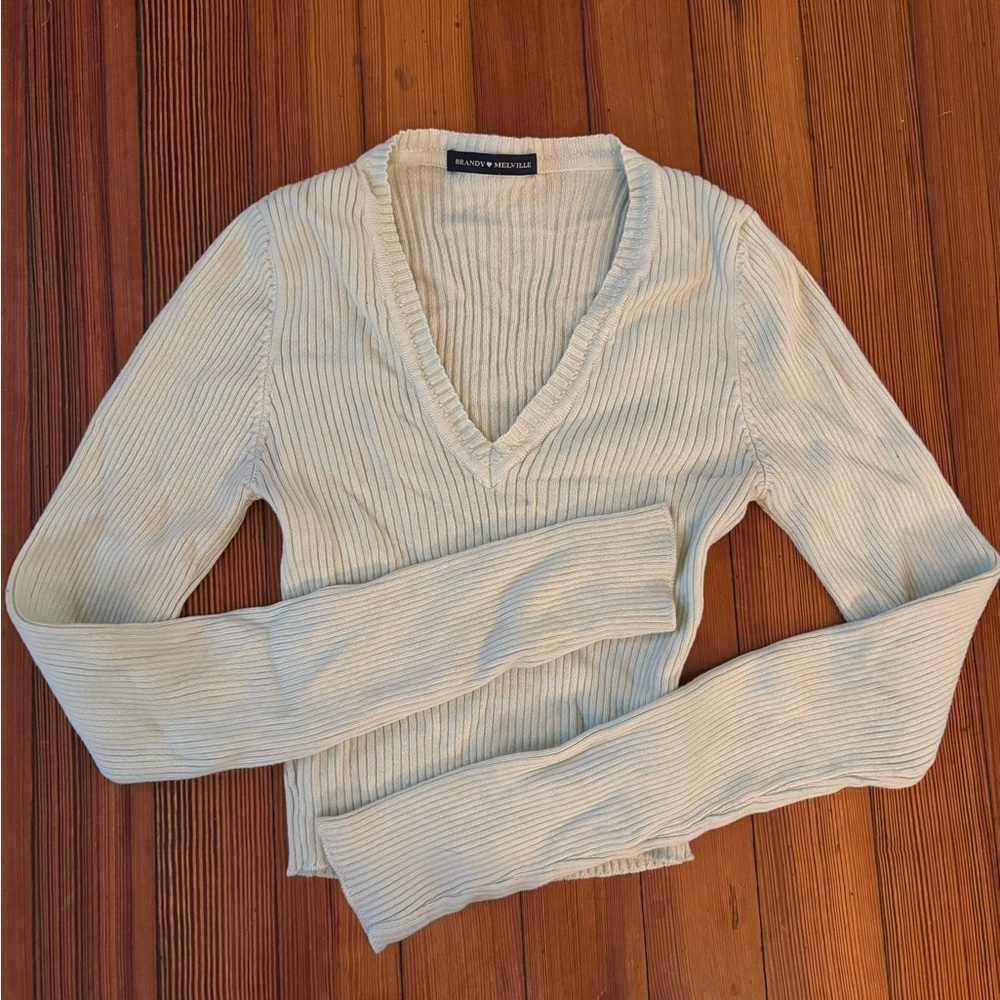 Brandy Melville Light Green Ribbed V-Neck Sweater